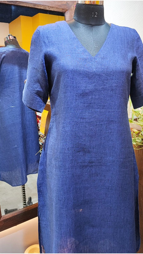 Navy Blue Pure Linen Loose Fit Kurta with Pocket Detailing (V Neck)