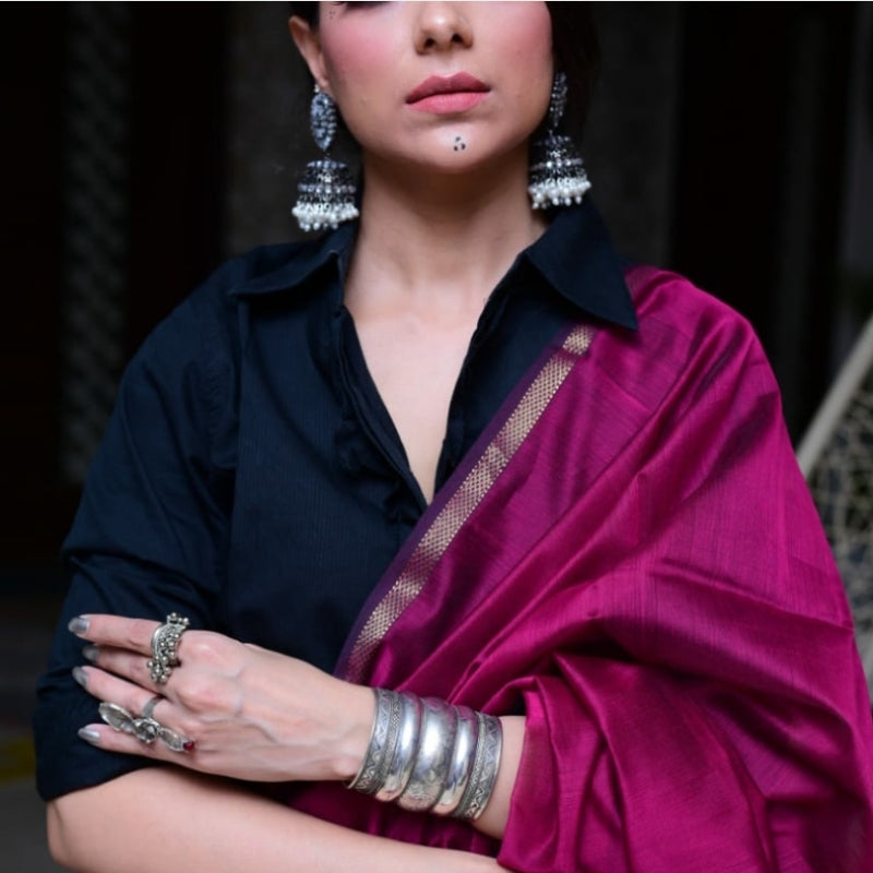 Wine Pink Maheshwari Silk Saree with Zari Work