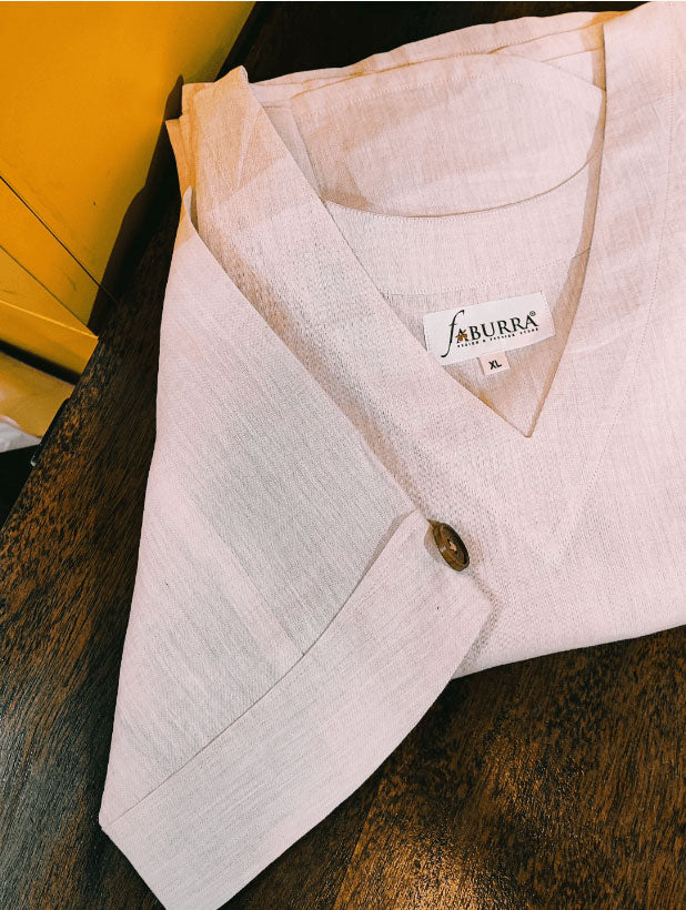 Baby Pink Pure Linen Loose Fit Kurta with Pocket Detailing (V Neck)