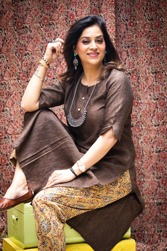 Chocolate Brown Premium Pure Linen Loose Fit Kurta with Kalamkari Pants Combo