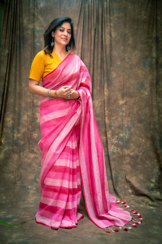 Hot Pink Pure Linen Saree with Stripes & Plain Blouse Piece