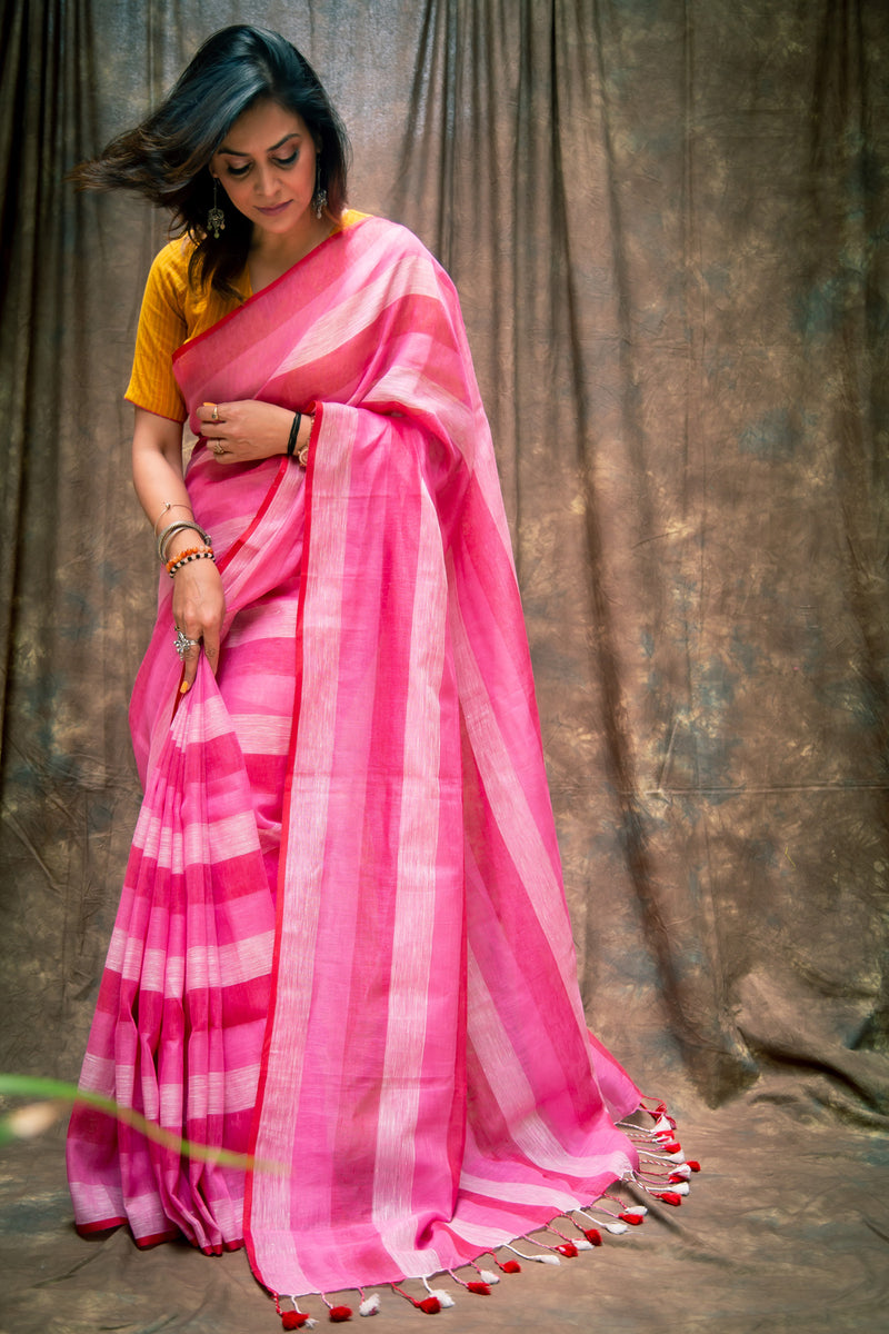 Hot Pink Pure Linen Saree with Stripes & Plain Blouse Piece