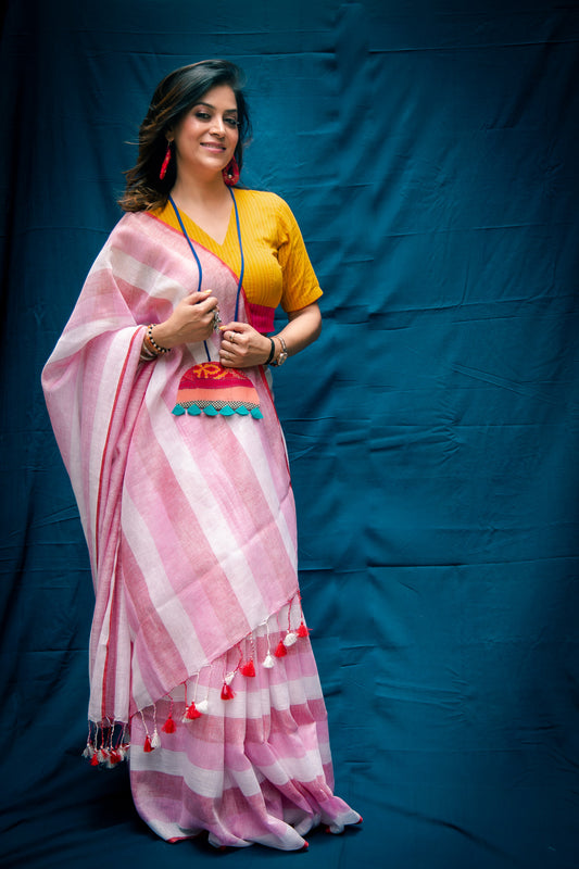 Rose Pink Pure Linen Saree with Stripes & Plain Blouse