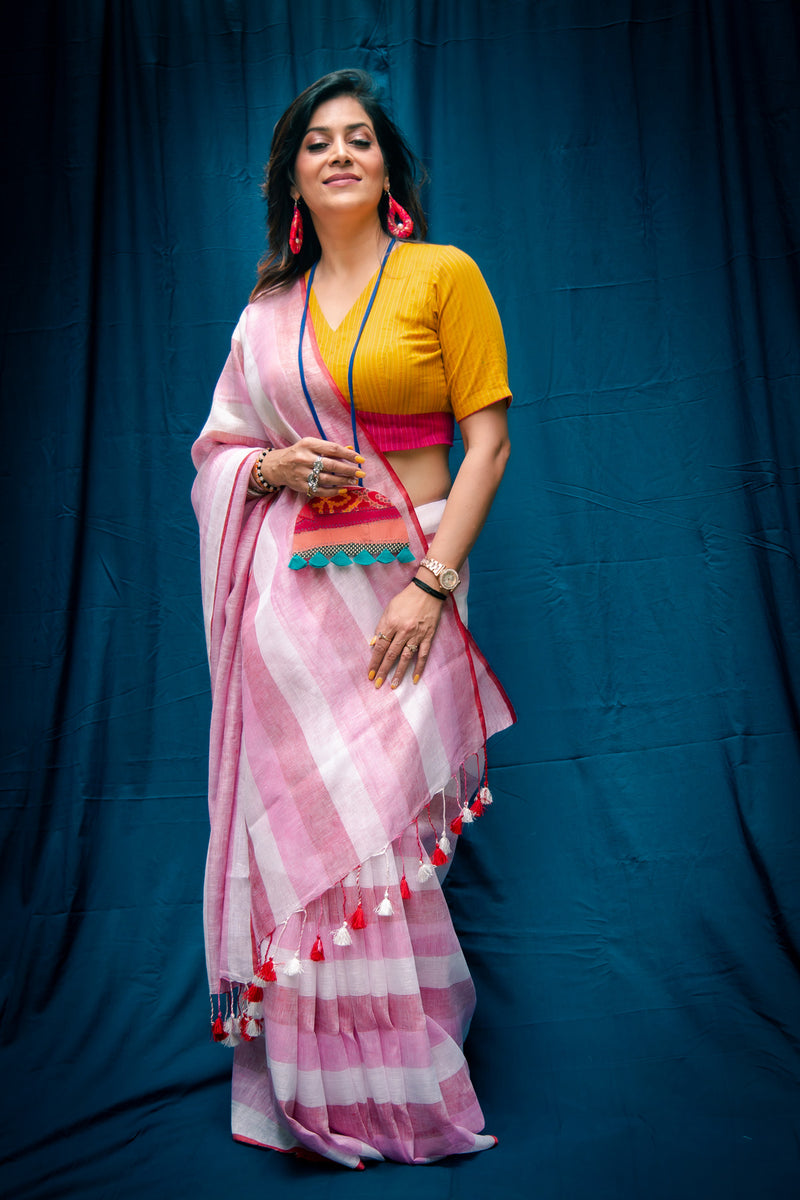 Rose Pink Pure Linen Saree with Stripes & Plain Blouse
