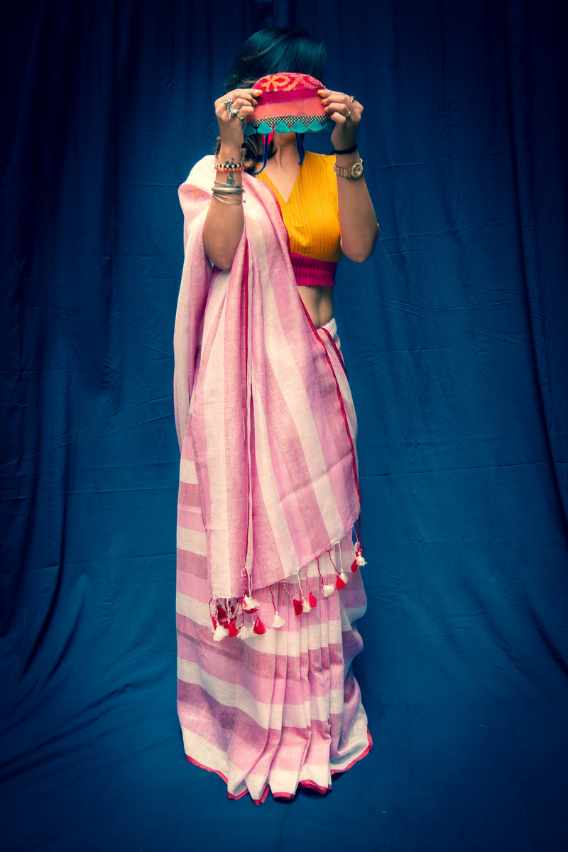 Rose Pink Pure Linen Saree with Stripes & Plain Blouse