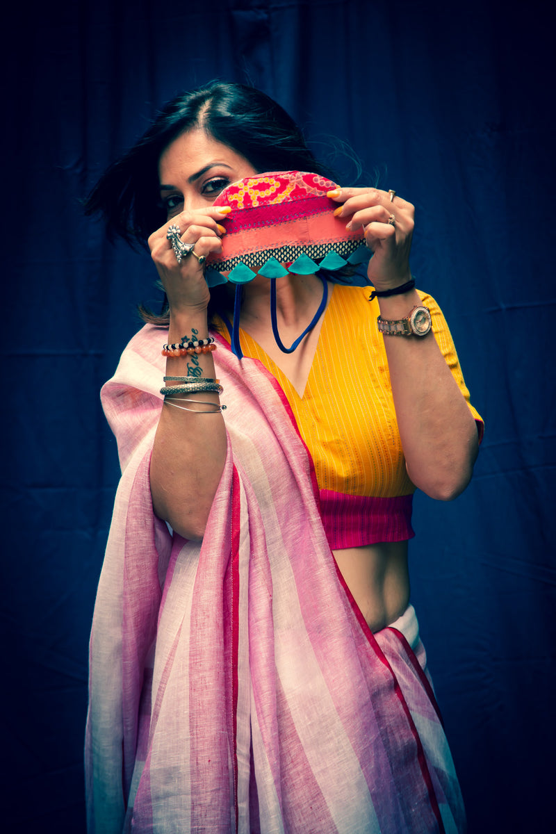 Rose Pink Pure Linen Saree with Stripes & Plain Blouse