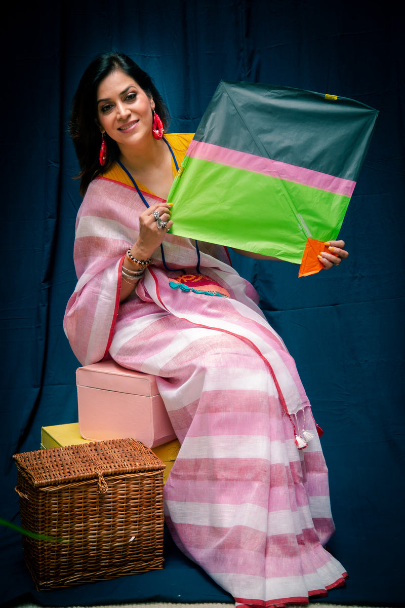 Rose Pink Pure Linen Saree with Stripes & Plain Blouse