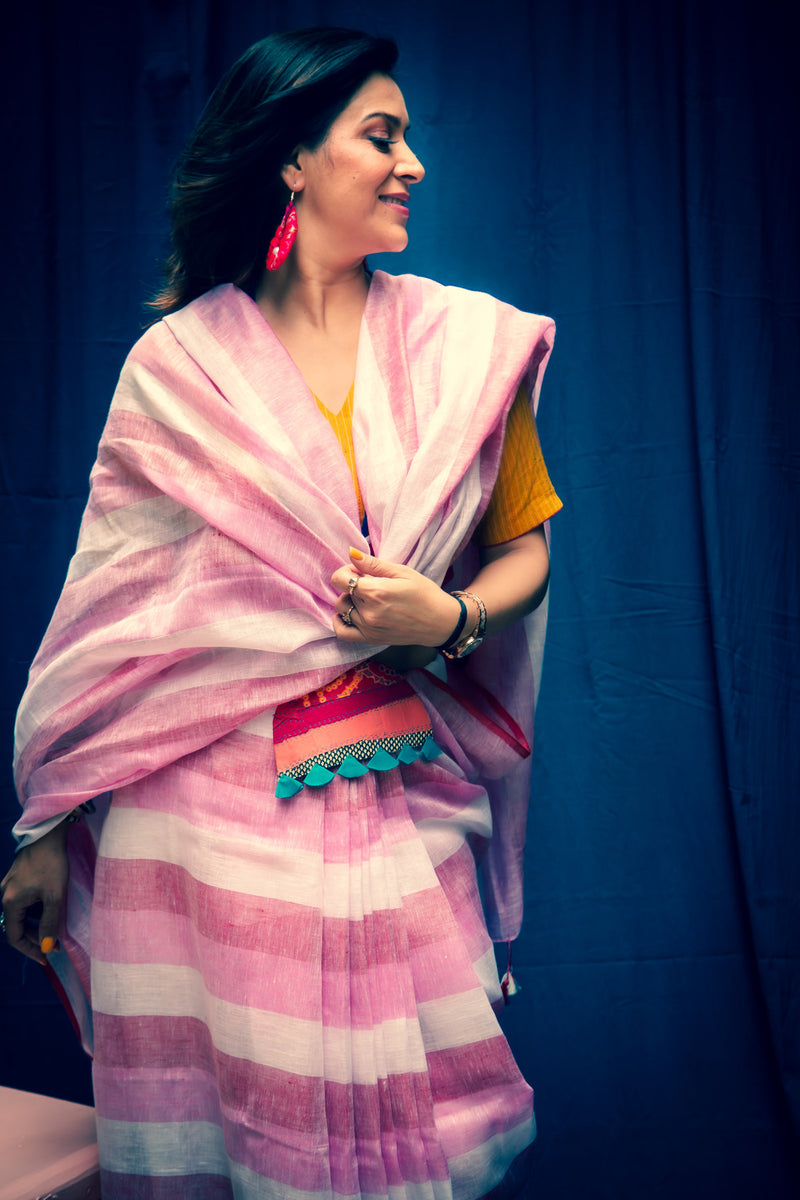 Rose Pink Pure Linen Saree with Stripes & Plain Blouse