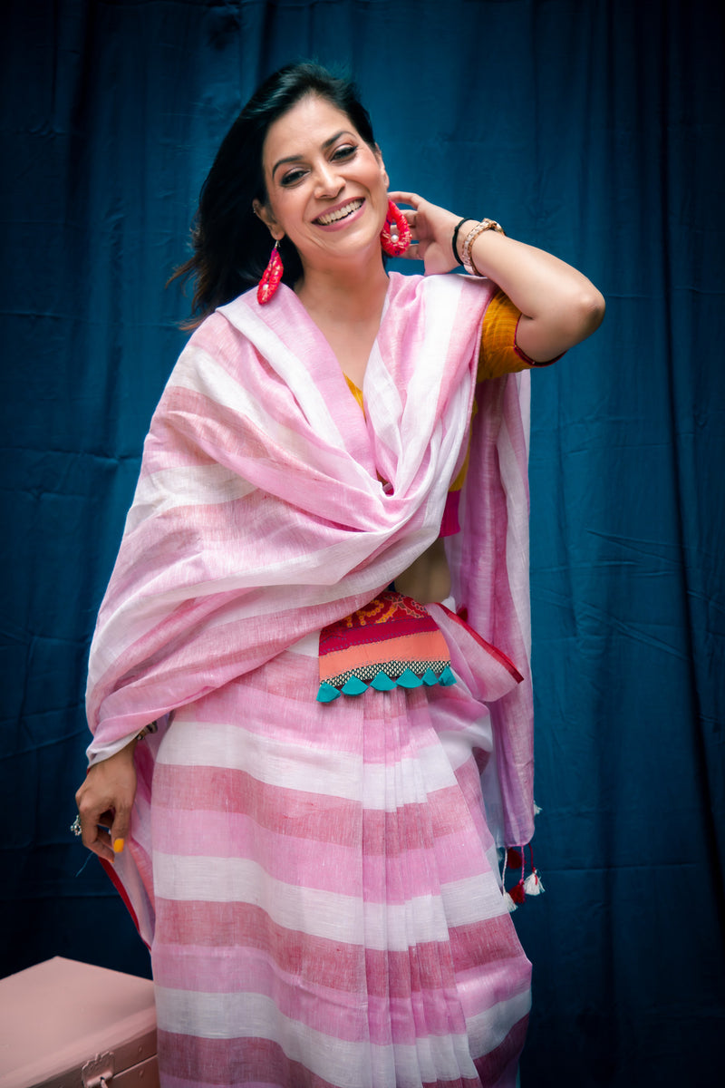 Rose Pink Pure Linen Saree with Stripes & Plain Blouse