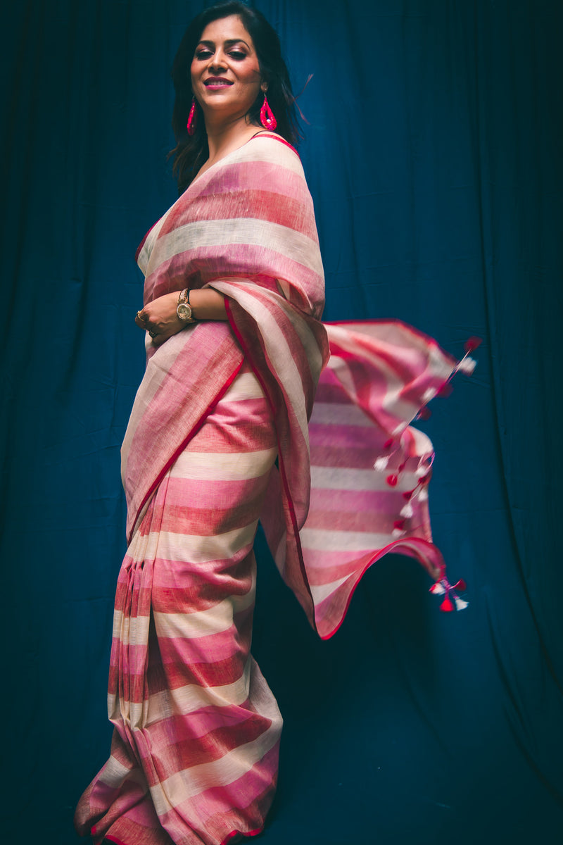 Blush Pink Pure Linen Saree with Stripes & Plain Blouse