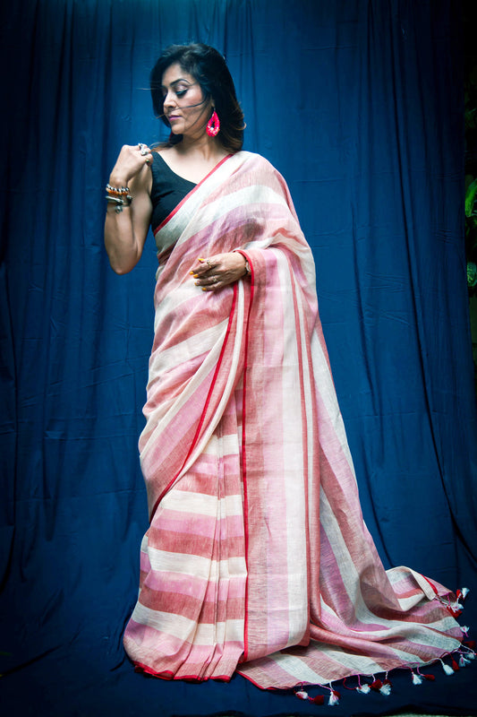 Blush Pink Pure Linen Saree with Stripes & Plain Blouse