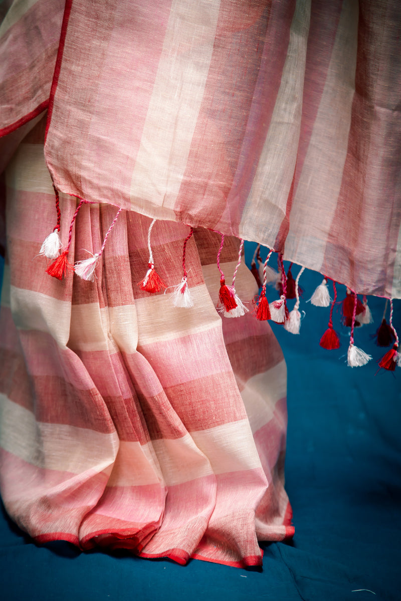 Blush Pink Pure Linen Saree with Stripes & Plain Blouse
