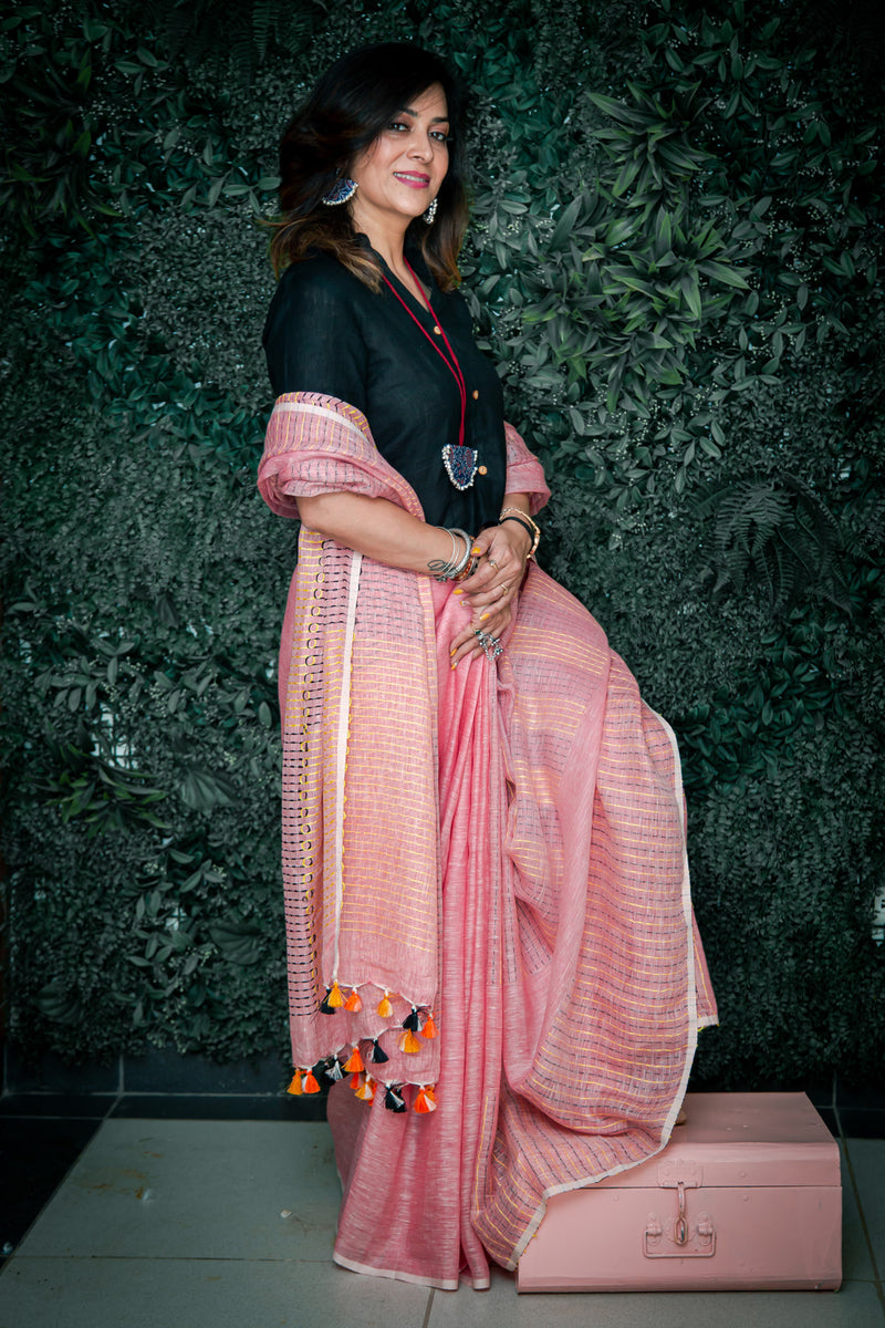 Peach Handloom Woven Linen Saree