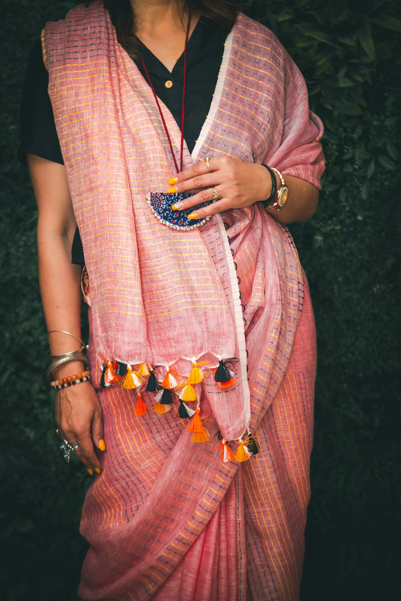 Peach Handloom Woven Linen Saree