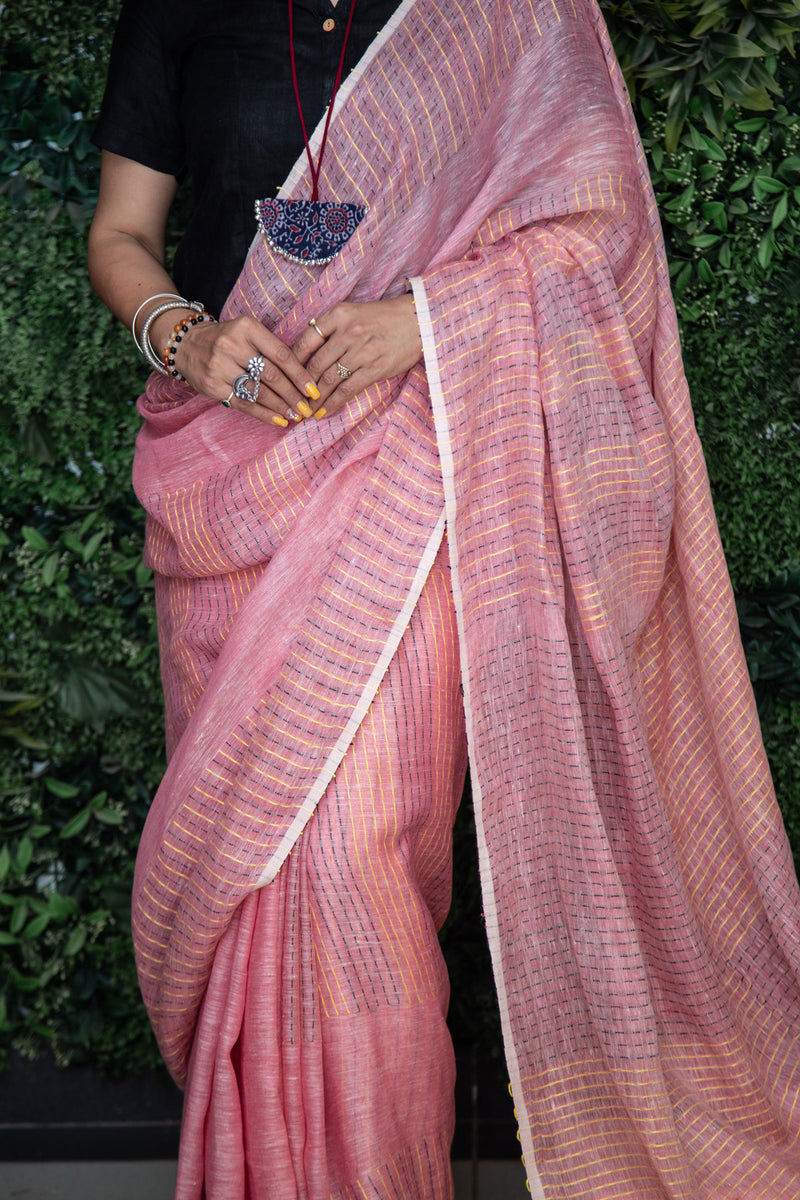Peach Handloom Woven Linen Saree
