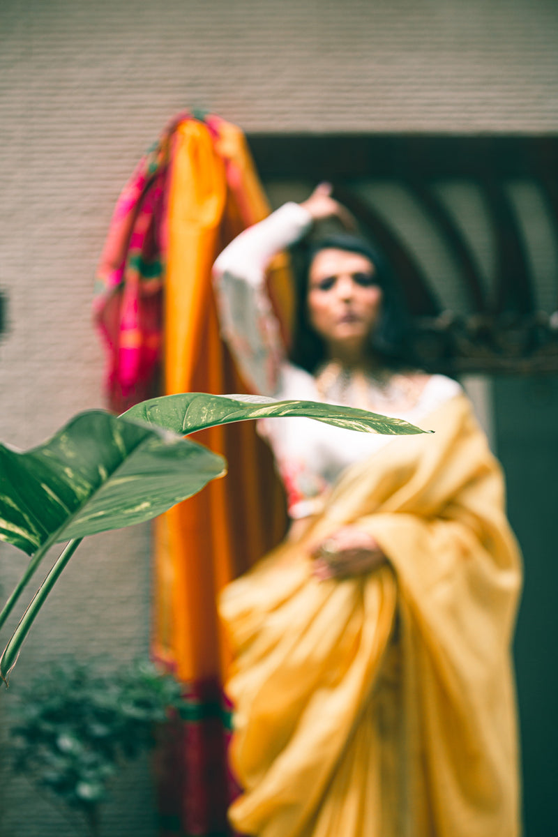 Ochre Yellow Premium Linen Tissue Linen Silk Saree