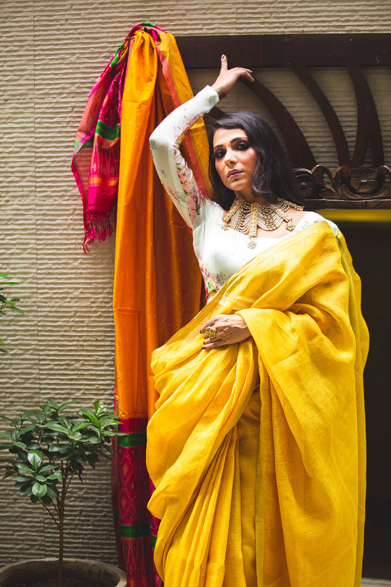 Ochre Yellow Premium Linen Tissue Linen Silk Saree