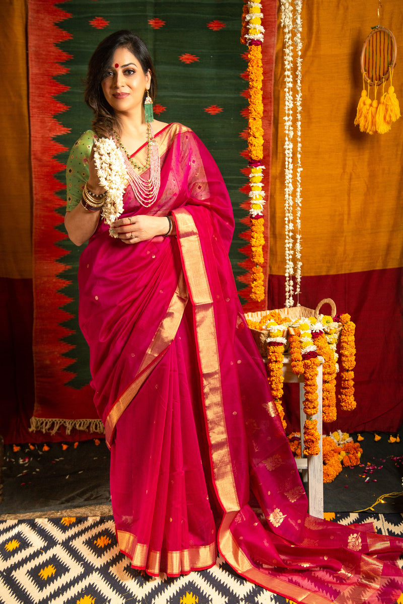 Queen Pink Premium Mercerised Chanderi Silk Saree
