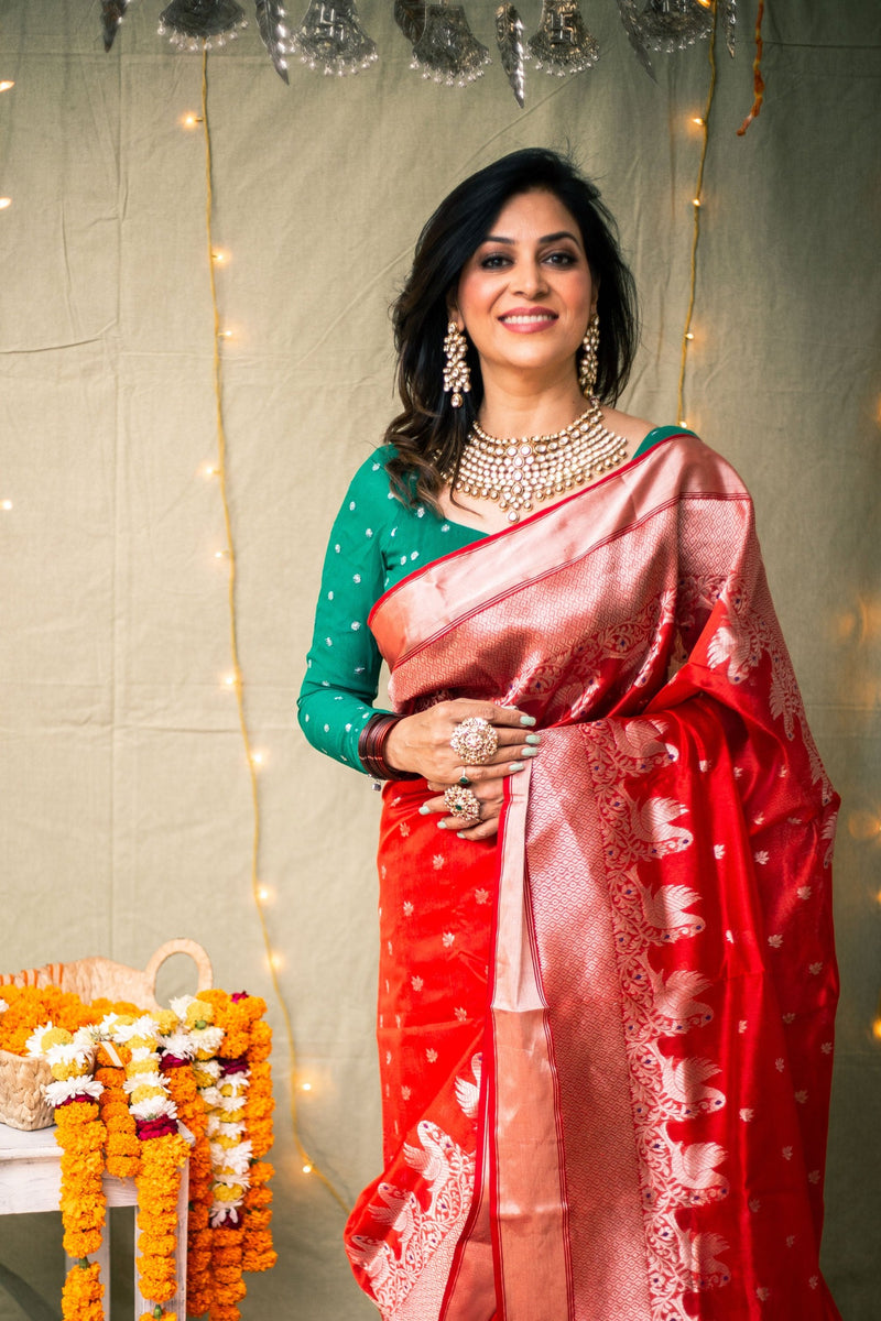 Red Rouge Handwoven Chanderi Meenakari Pattu Silk Saree