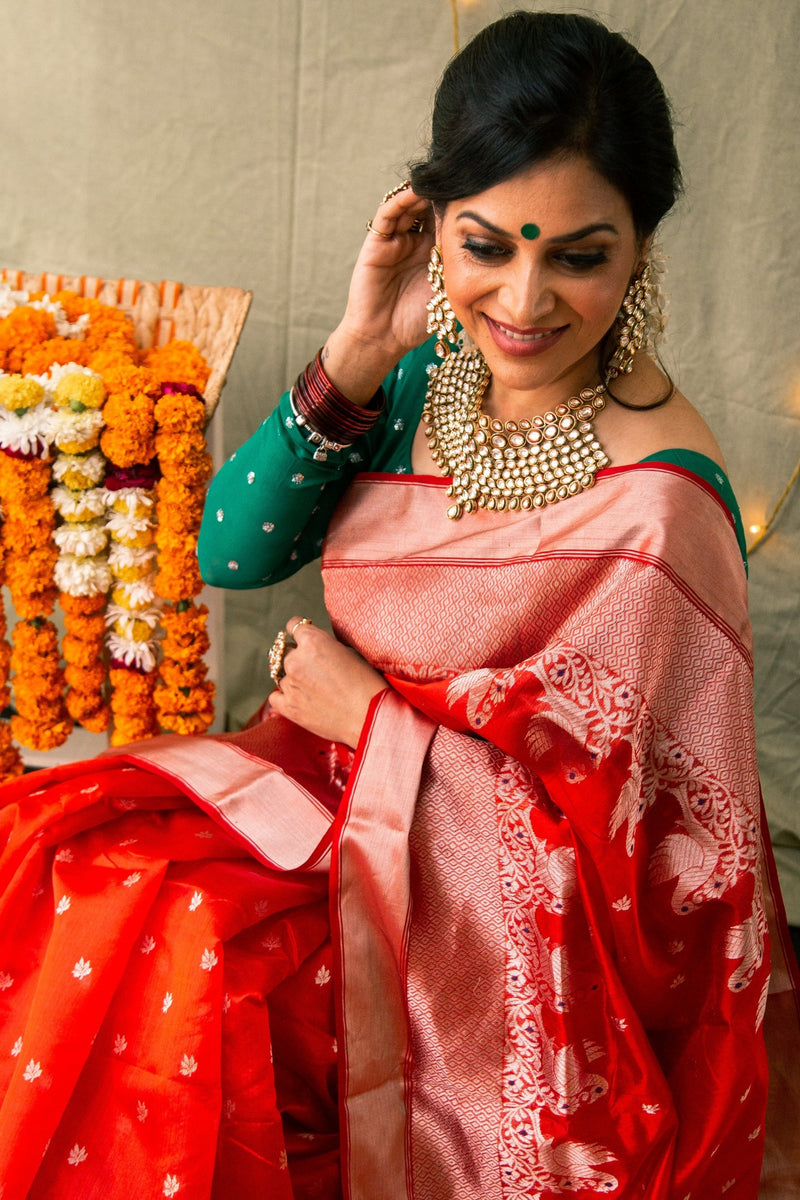 Red Rouge Handwoven Chanderi Meenakari Pattu Silk Saree