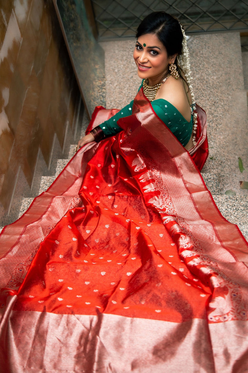 Red Rouge Handwoven Chanderi Meenakari Pattu Silk Saree