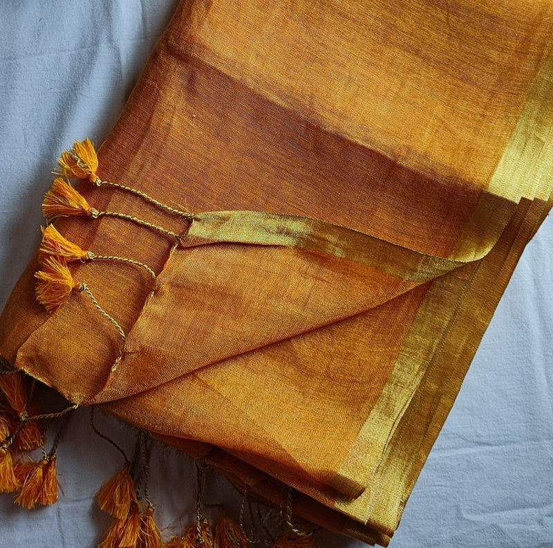 Mango Yellow Premium Linen Tissue Linen Silk Saree