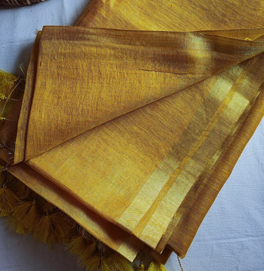Sunshine Yellow Premium Linen Tissue Linen Silk Saree