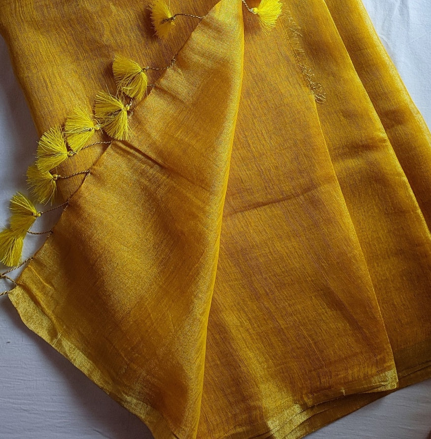 Sunshine Yellow Premium Linen Tissue Linen Silk Saree