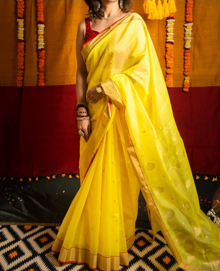 Cadmium Yellow Premium Mercerised Chanderi Silk Saree