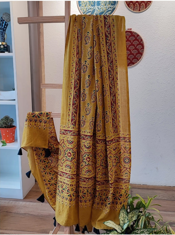 Mustard Yellow Ajrakh Cotton Natural Dyed Handblock Printed Dupatta