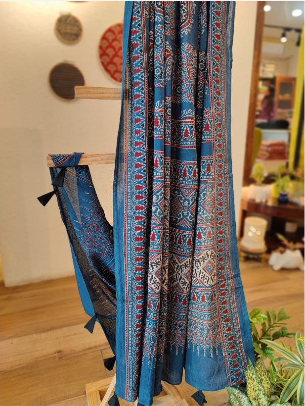 Yale Blue Ajrakh Cotton Natural Dyed Handblock Printed Dupatta