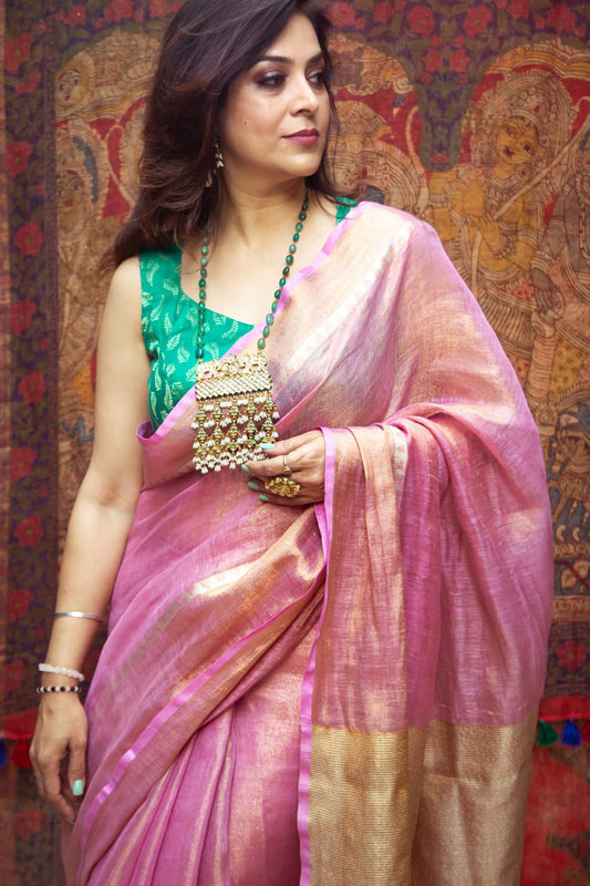 Flamingo Pink Premium Tissue Linen Silk Saree