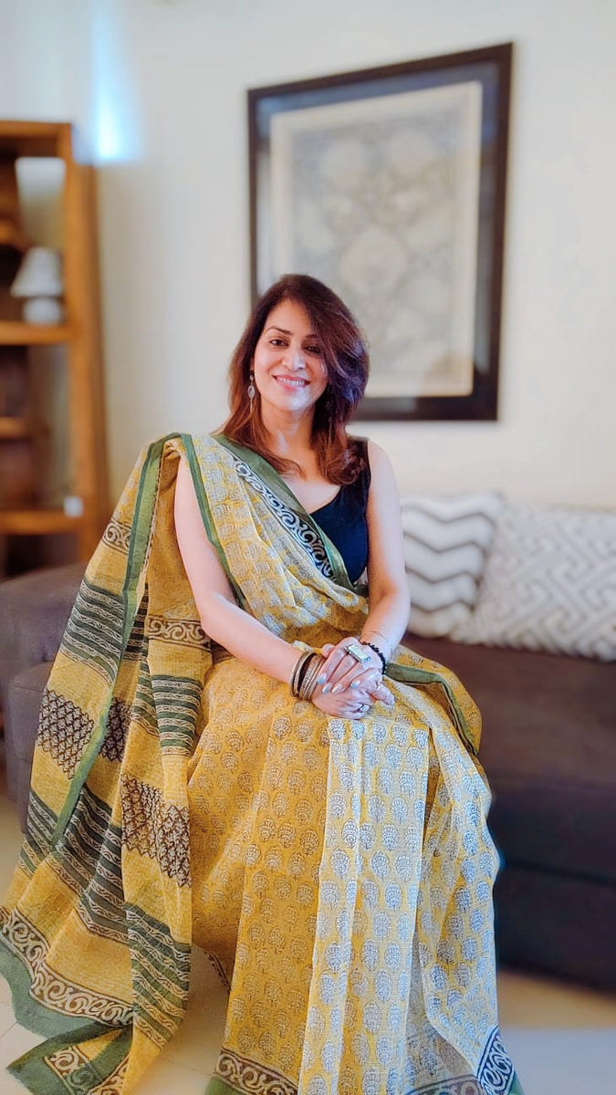 Crayola Yellow Premium Kota Doria Handblock Printed Saree